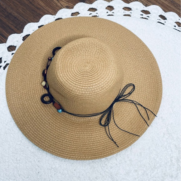 Royal Resortwear woven beaded turquoise and wood leather lace Sun hat for Sumner - Picture 6 of 13